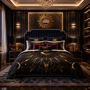 May include: A bedding set featuring a black duvet cover and matching pillowcases with a gold celestial sun and moon pattern. The set includes deep red accent pillows and a rectangular decorative pillow, all arranged on a dark blue upholstered bed.