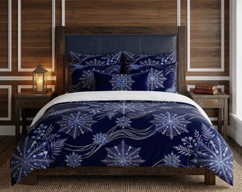 Sapphire Solstice Frost Cotton Duvet Cover Set, Midnight Blue Percale Bedding (Queen/Twin)