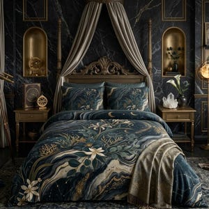 May include: A luxurious bedroom scene featuring a bed with a dark blue comforter and matching pillows adorned with a floral and celestial design. The room has gold accents, a telescope, and a decorative lamp, creating an elegant atmosphere.