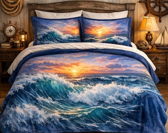 Edredón pintado a mano Sunset Tides, ropa de cama de lujo costera en tonos azul verdoso y dorado, decoración náutica para el hogar, algodón Oeko-Tex con estampado de olas, regalo para amantes de la playa.