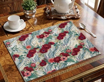 Coastal Floral Placemat, Gold Marble Red Peony Cotton Twill Dining Mat
