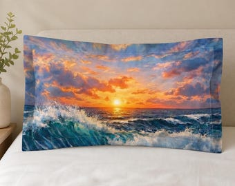 Funda de almohada "La hora dorada: mareas" - Tamaño king size - Ropa de cama con estampado de olas marinas - Decoración costera de alta calidad - Funda de microfibra cepillada