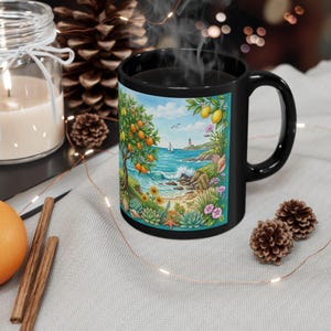 Citrus Grove Ceramic Mug, Mediterranean Lemon Orange Tree Beach Scene