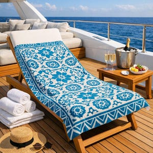 May include: A wooden chaise lounge with a blue and white patterned towel on a yacht deck. The scene includes a small table with champagne and fruit, plus a stack of white towels, a straw hat, and sunglasses.