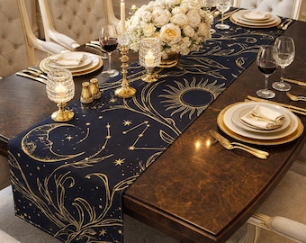 Celestial Sun Moon Table Runner, Navy Gold Constellation Astrology Cloth