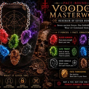 May include: A multi-coloured statement necklace featuring seven textured, crystalline-style stones in red, green, purple, blue, black, brown, and gold, suspended from a silver-toned chain. The text reads PACT-BOUND VOODOO MASTERWORK HEXCHAIN OF SEVEN HUNGERS.