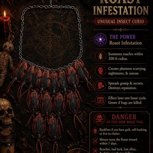 May include: A necklace featuring multiple dark brown and black cockroach-shaped charms suspended from a silver-toned metal chain. The image includes text titled Voodoo Roast Infestation, detailing unusual insect curio powers and danger warnings.