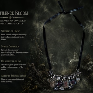 May include: A statement necklace featuring dark, multifaceted crystals in various shapes and sizes, suspended from a black ribbon tie. The text Pestilence Bloom, Plague Whisper Contagion, Spread Disease Subtly, and descriptions of decay are visible.