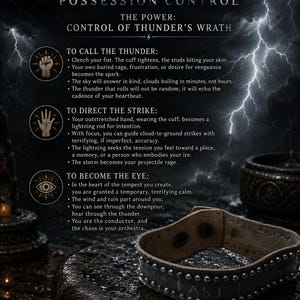 May include: A dark leather cuff bracelet featuring a row of silver-toned metal studs along the edge. The background displays text titled Stormbreaker's Possession Control, detailing instructions for calling thunder, directing strikes, and becoming the eye.