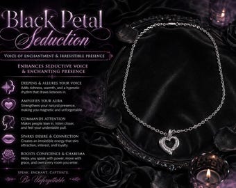 Black Petal Seduction Necklace – Heart Pendant, Clear Stones, Voice Enhancement