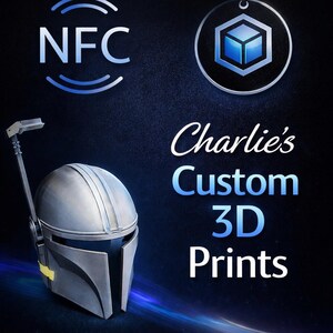 May include: A silver Mandalorian helmet with a yellow detail, displayed on a dark blue backdrop. The image features the text "Charlie's Custom 3D Prints" and the NFC logo.