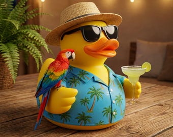 May include: A yellow rubber duck wearing sunglasses, a straw hat, and a blue Hawaiian shirt with palm tree designs. A colorful parrot sits on its arm. The duck holds a margarita with a lime wedge.