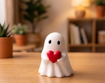 May include: A white ghost figurine with black eyes and a red heart. The ghost is holding the heart in its hands. The figurine is on a wooden surface, with plants and a lamp in the background.