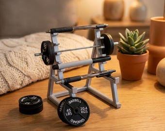 May include: A miniature barbell set with a silver rack, black weights, and pens in place of the barbell. One weight is labeled "45 LBS" and "20.4 KGS". The set is on a wooden surface, with a succulent plant in a terracotta pot in the background.