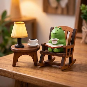 Puede incluir: Una escena en miniatura caprichosa con una figura de rana verde sentada en una mecedora de madera, sosteniendo una taza de café y leyendo un libro. Una pequeña mesa auxiliar de madera con una lámpara y una taza de café. La lámpara tiene una pantalla amarilla.
