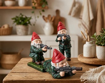 Conjunto de gnomos militares de 9 cm, gnomos tácticos de jardín, figuras de gnomos armados, decoración divertida para exteriores, estatuas de jardín originales.