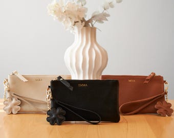 Personalized Leather Wristlet Set | Custom Name Pouch | Clover Charm Gift for Her | Luxury Bridesmaid Gift | Gold Foil Monogram Wallet