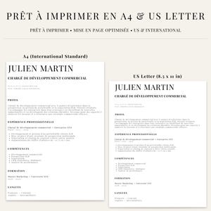 May include: Two resume templates, one A4 size and one US Letter size, are displayed. The resumes are for Julien Martin, a commercial development manager. The text includes profile, experience, skills, education, and language sections.