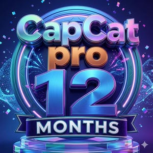 Puede incluir: Gráfico digital con el texto "CapCut pro 12 MONTHS" en 3D. El diseño tiene un fondo azul oscuro con confeti y acentos de neón. Las letras y los números tienen texturas metálicas.
