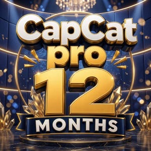 May include: A promotional graphic for CapCut Pro, featuring the text "CapCut pro 12 MONTHS" in gold and white against a dark blue background. The design includes decorative elements like crystals and a ribbon.