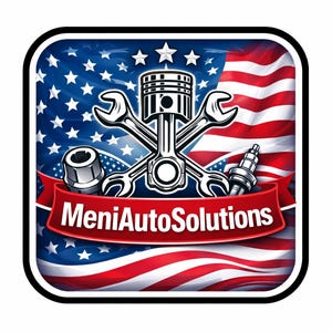 May include: A square logo with a patriotic theme, featuring a stylized American flag background. The design includes crossed wrenches, a piston, a spark plug, and the text "MeniAutoSolutions" on a red banner.