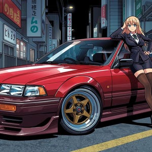 Op de afbeelding: Illustratie van een rode sportwagen met gouden velgen geparkeerd in een stadsstraat. Een persoon in een zwart pak en korte broek leunt tegen de auto. De achtergrond bevat Japanse bewegwijzering en gebouwen.