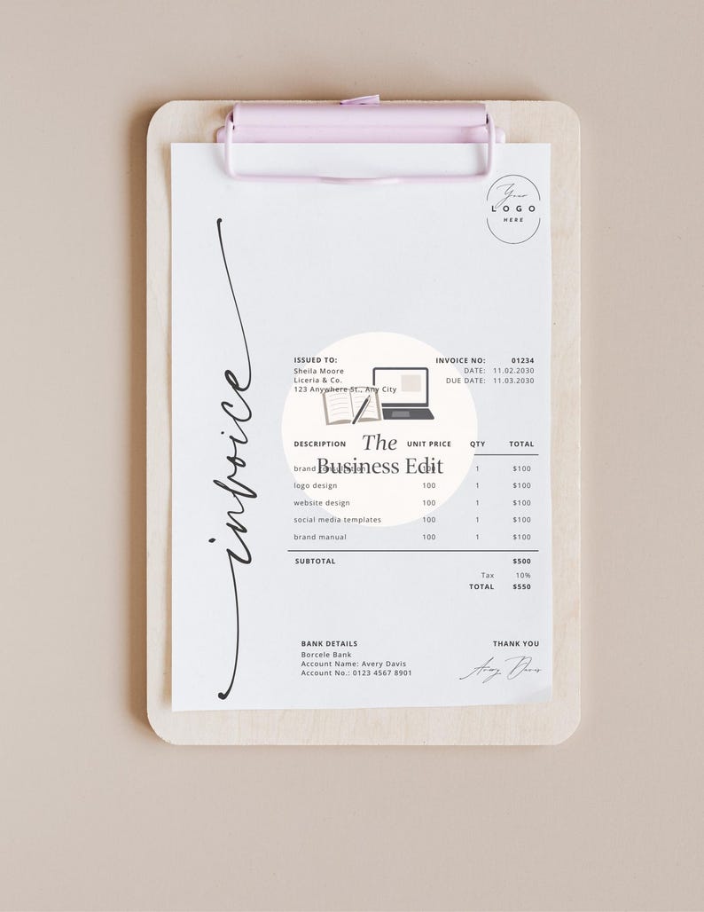 Invoice In Cursive Editable Canva Invoice Template | Minimalist Small Business Service ...