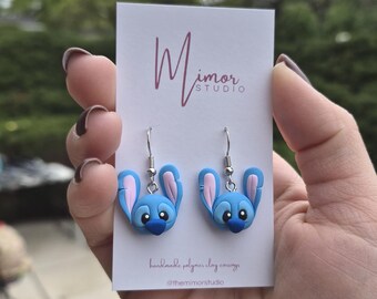 Lilo and Stitch Dangle Polymer Clay Earrings | Blue Alien Cartoon Jewelry