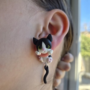 Handmade Polymer Clay Tuxedo Cat Earrings | Kawaii Kitty Jewelry For Cat Lovers