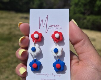 Handmade Polymer Clay Flower Earrings | Red White Blue Patriotic Dangles