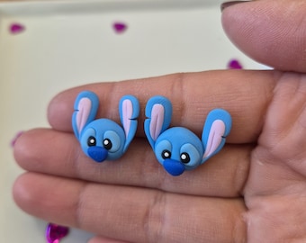 Stitch Face Stud Earrings | Polymer Clay Kawaii Cartoon Jewelry | Blue Alien Studs