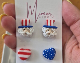 Patriotic Uncle Sam & Heart Stud Earrings | 4th of July Polymer Clay Jewelry