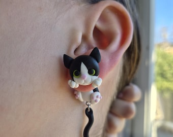 Handmade Polymer Clay Tuxedo Cat Earrings | Kawaii Kitty Jewelry For Cat Lovers
