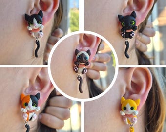 Handmade Kawaii Studs Cat Earrings | Polymer Clay | 5 Color Variations | Gift for Cats Lovers