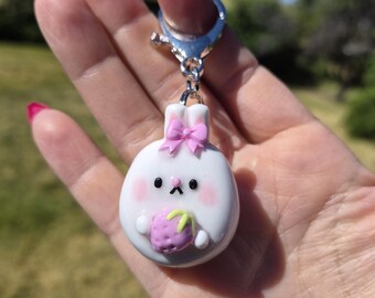 Bag Charm Molang Bunny | Polymer Clay Strawberry Keychain | Kawaii Accessory