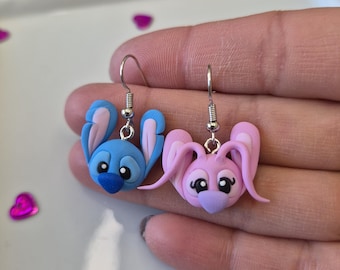 Stitch and Angel Dangle Earrings, Polymer Clay Lilo & Stitch Cartoon Jewelry