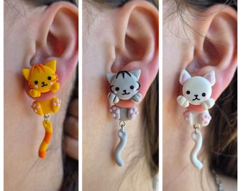 Handmade Polymer Clay Cat Earrings | Yellow, White, Gray Kitty Jewelry