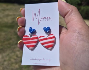 Handmade Polymer Clay Patriotic Heart Earrings | 4th of July Striped Dangle Jewelry