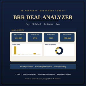 May include: A digital UK Property Investment Toolkit spreadsheet titled BRR Deal Analyzer. The interface displays a Deal Dashboard with metrics like Money Left in Deal, Cash-on-Cash, Net Monthly CF, and Equity Created, plus charts for costs and rent.