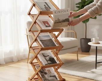 Foldable Wooden Magazine & Brochure Rack – Portable 5-Pocket Literature Display Stand
