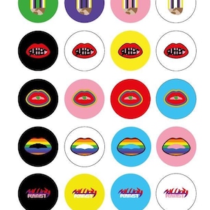 May include: A sheet of circular stickers with various designs. These include a rainbow over a handshake, red lips with teeth, and rainbow lips. Some stickers feature the text "MILLION FEMINIST".