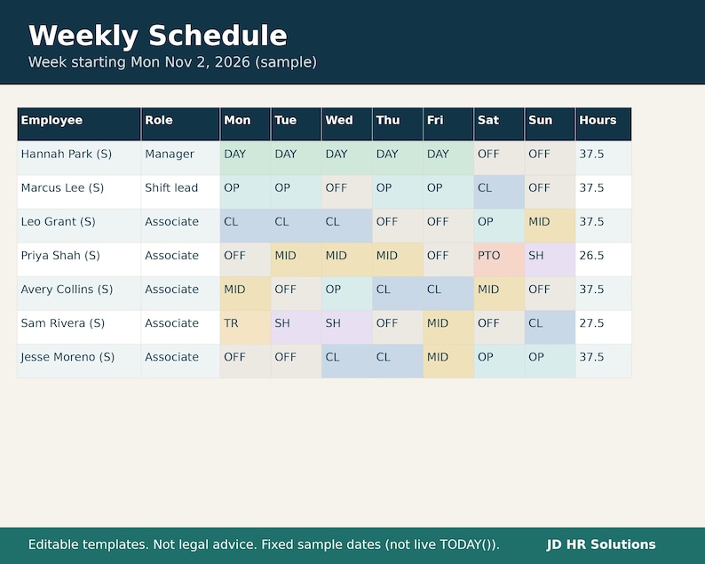 Employee Daily Rota Employee Schedule Template Excel, Shift Schedule Planner, Weekly Staff ...