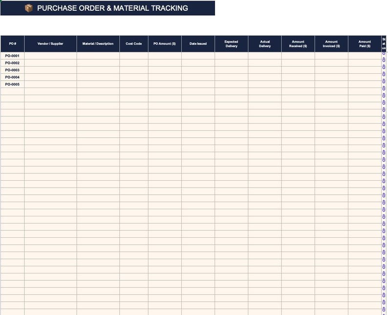 Po Material Project Construction Project Management Excel Template | Contractor Job Costing ...