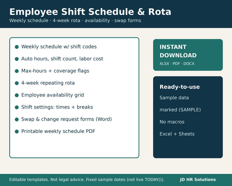 Employee Daily Rota Employee Schedule Template Excel, Shift Schedule Planner, Weekly Staff ...