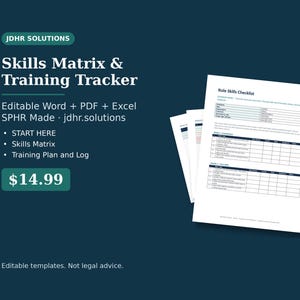May include: A digital document set titled Skills Matrix & Training Tracker by JDHR SOLUTIONS. Includes editable Word, PDF, and Excel files with a Role Skills Checklist, Start Here guide, Skills Matrix, and Training Plan and Log templates.