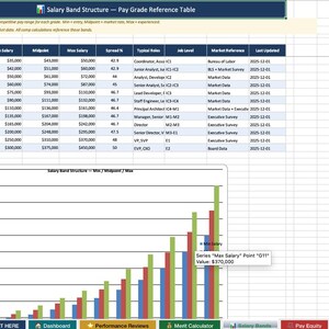 May include: A spreadsheet titled "Salary Band Structure - Pay Grade Reference Table" with salary ranges, job levels, and market references. A bar graph illustrates salary trends, with a highlighted maximum salary point of $370,000.