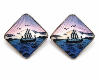 Vintage Bernard Meldahl Norway Sterling Silver Guilloché Enamel Viking Ship Clip Earrings