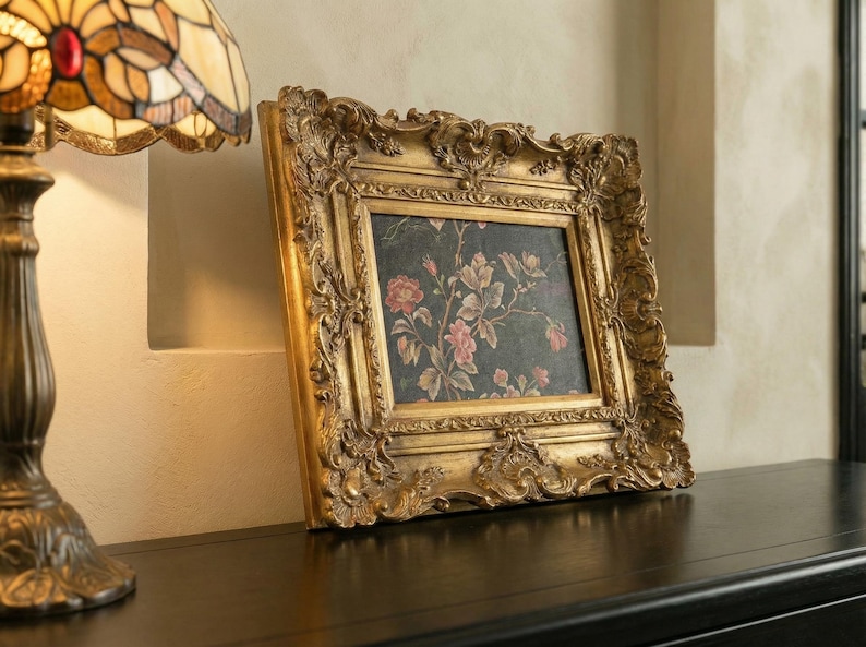 Vintage Gold Ornate Picture Frame With Floral Art Print, Elegant Dark ...