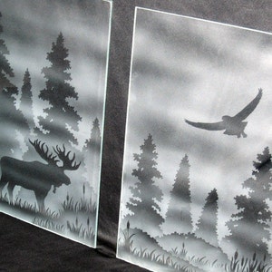 Etched Moose and Snowy Owl Cabinet Glass Up North image 3