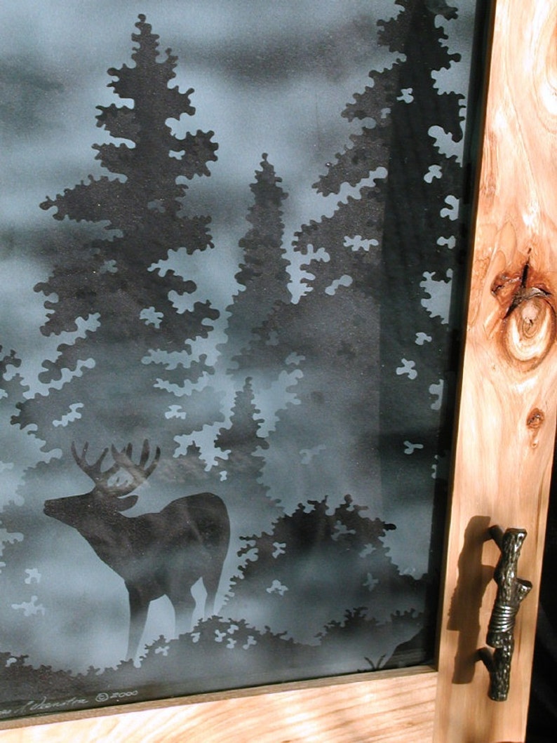 Etched Moose and Snowy Owl Cabinet Glass Up North image 4